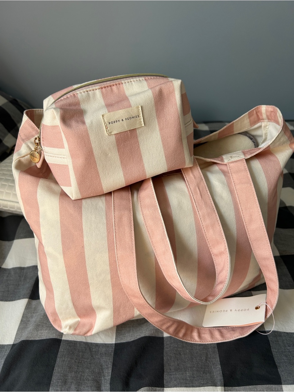 Poppy & Peonies Pink Stripe Canvas Tote Bag and matching cosmetic pouch